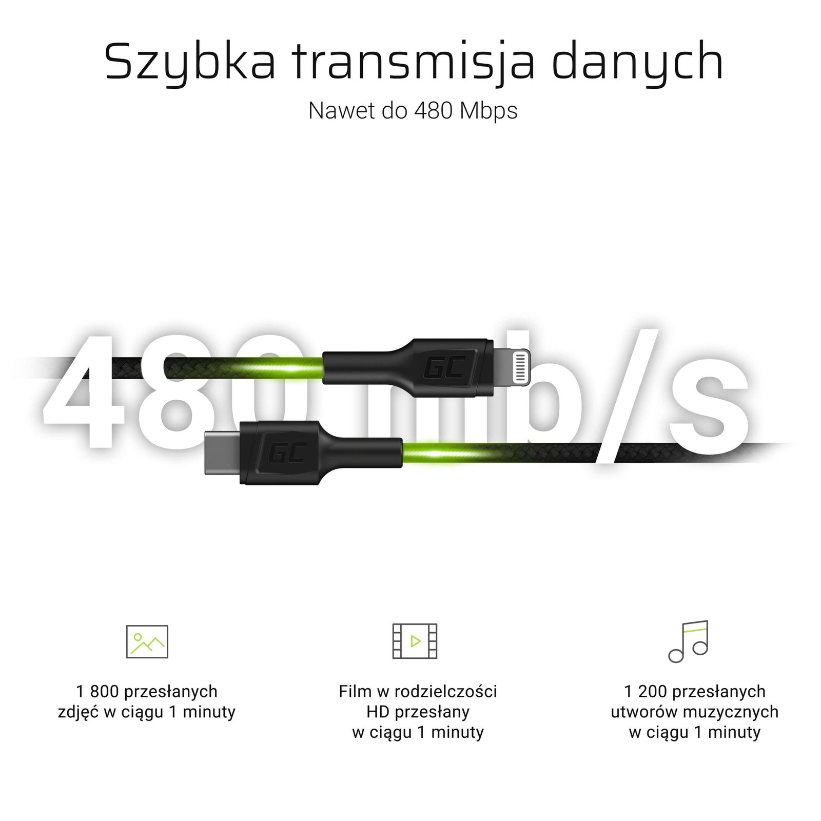 Greencell Powerstream USB-C Lightning Cable Apple 2.4A Quickcharge 100cm