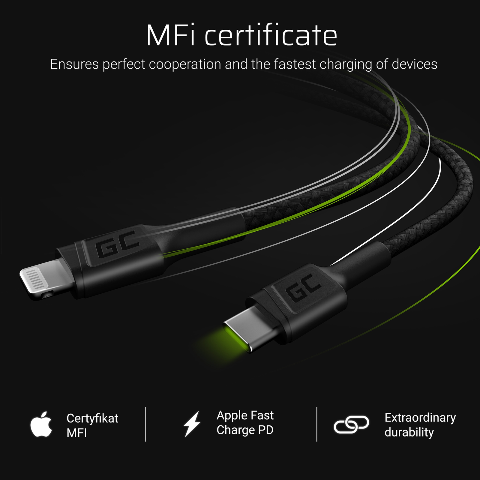 Greencell Powerstream USB-C Lightning Cable Apple 2.4A Quickcharge 100cm