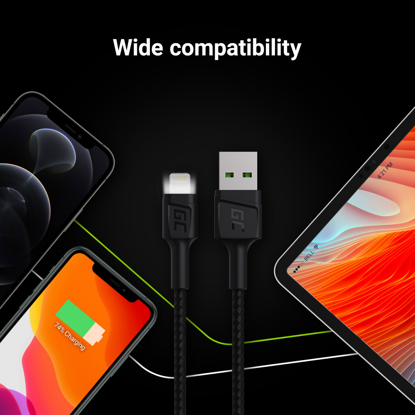 Greencell USB-A Lightning Cable White LED Apple 2.4A Quickcharge 200cm
