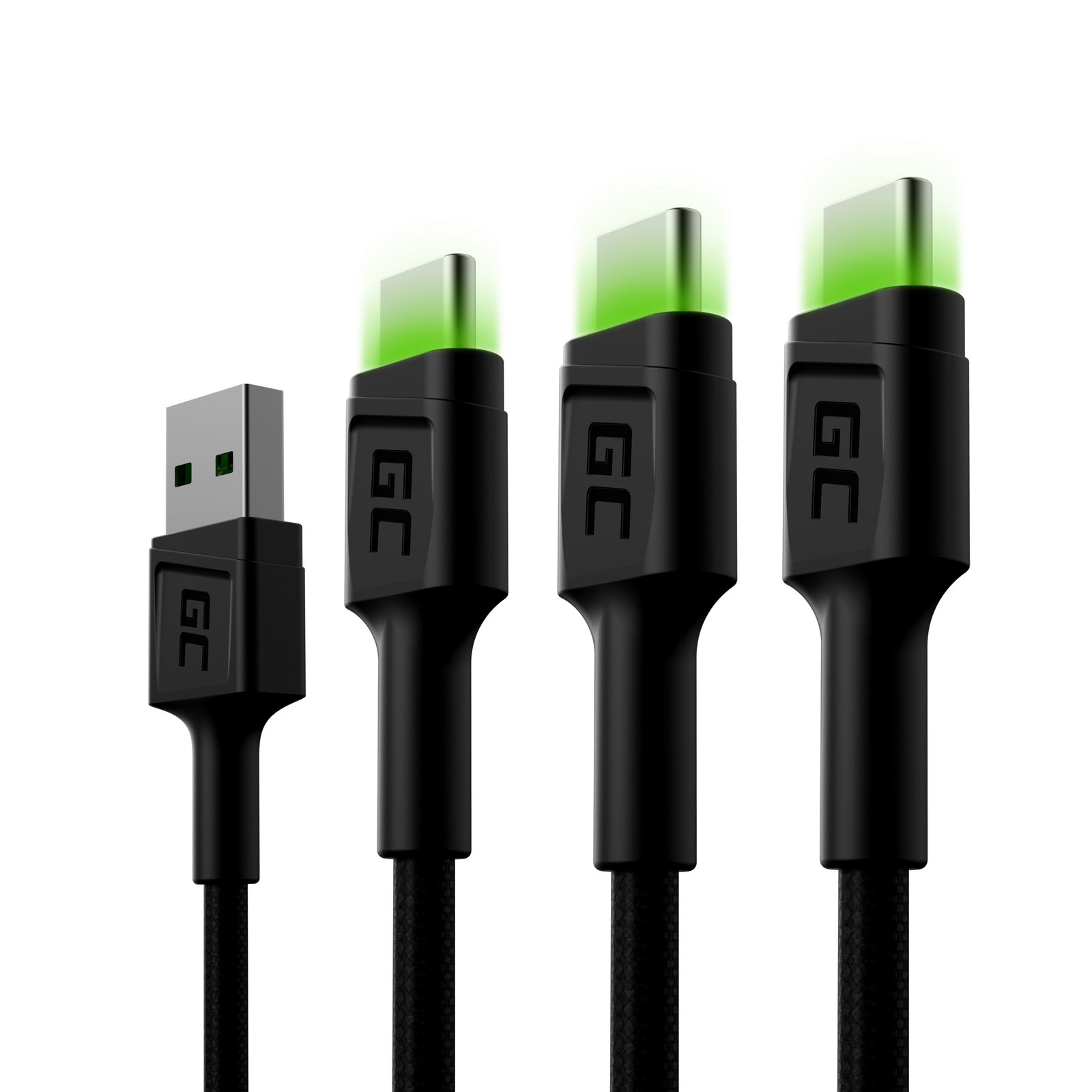 Greencell Ray Cable Set 3x USB-A to USB-C Green LED Ultra Charge - 200cm