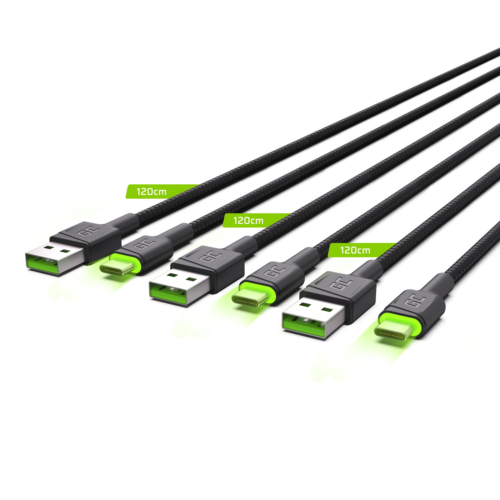 Greencell Ray Cable Set 3x USB-A to USB-C Green LED Ultra Charge - 200cm