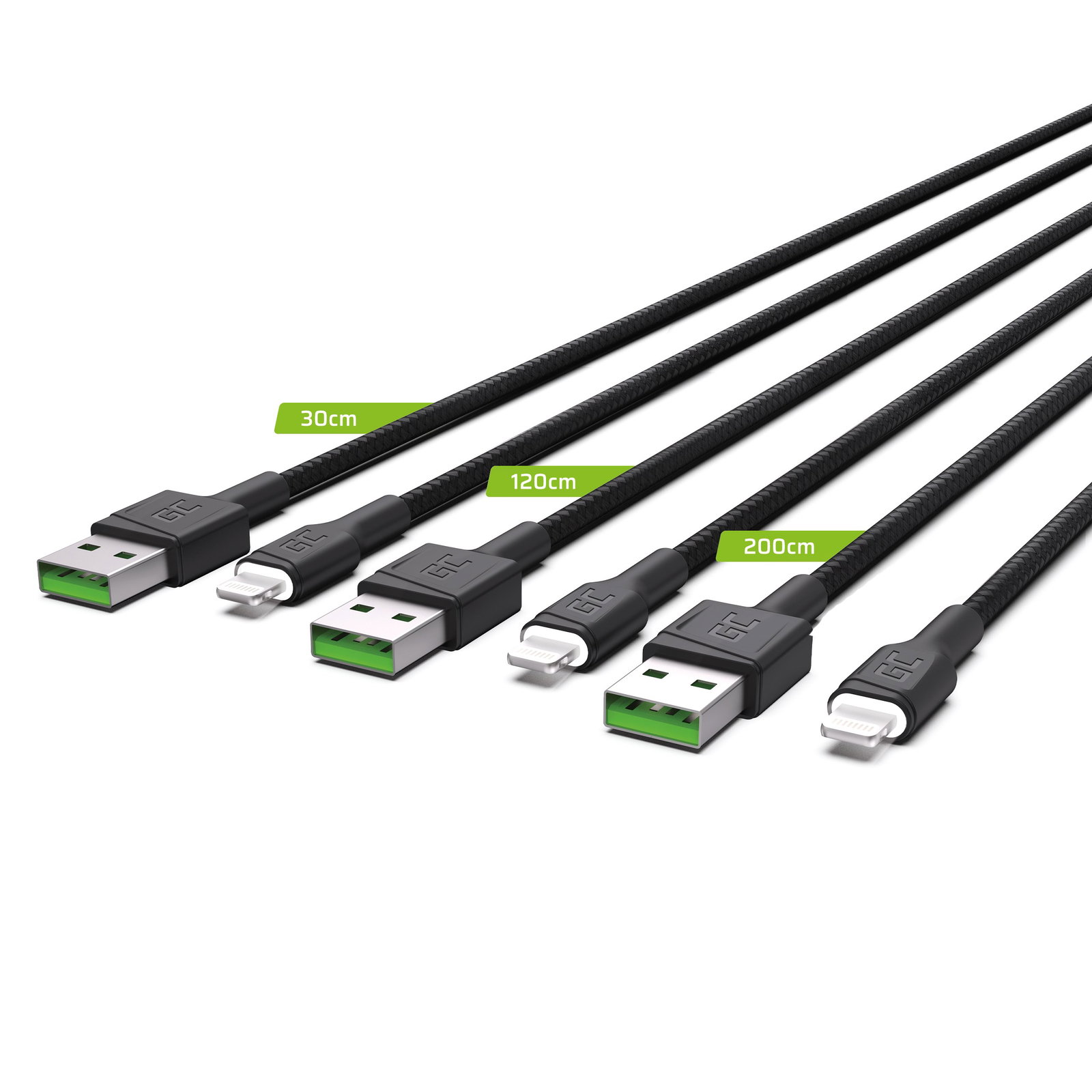 Greencell 3x USB Lightning Cable 30 120 200cm White LED Quick Charge
