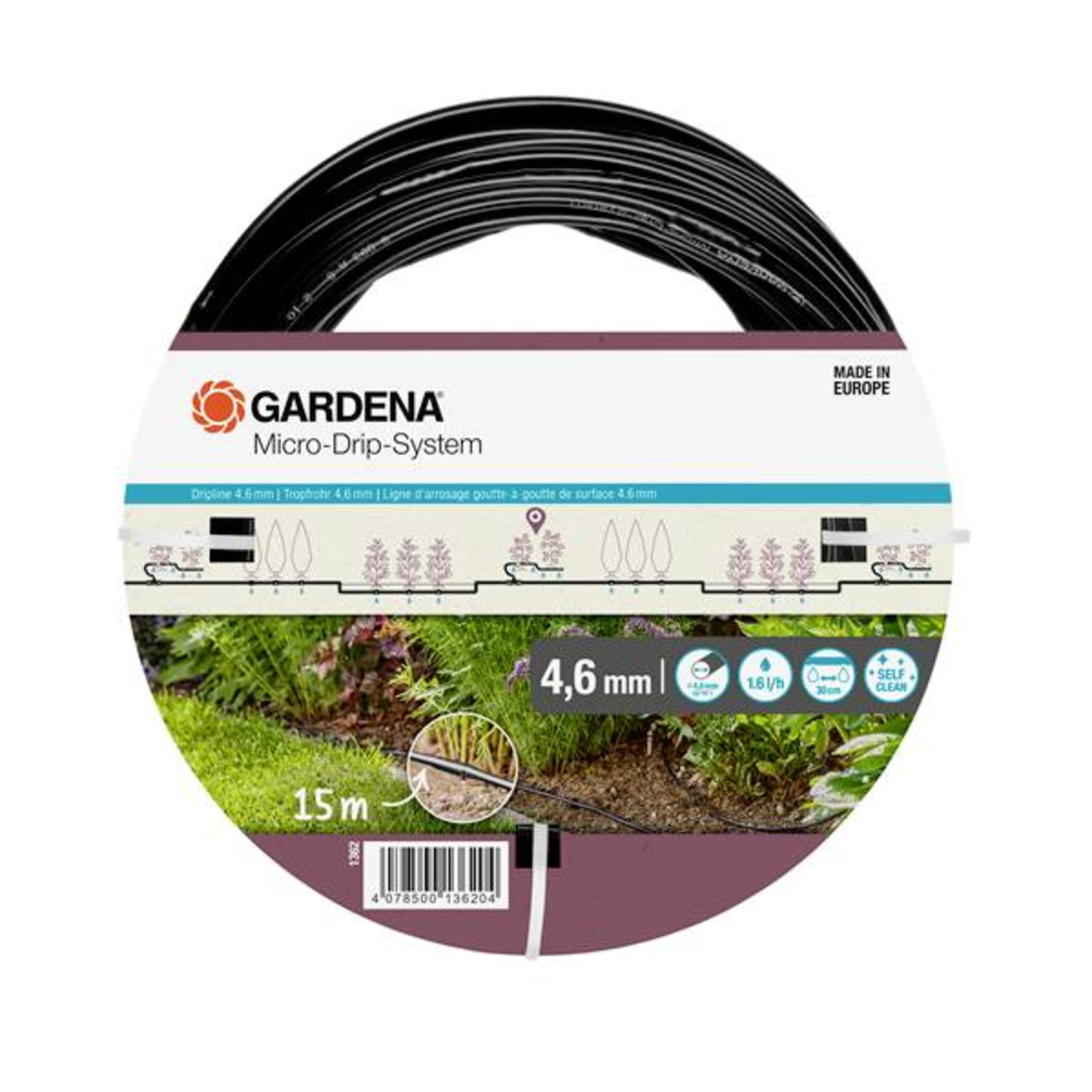 Gardena Drip Pipe Above Ground 4.6mm Black 15 Metres