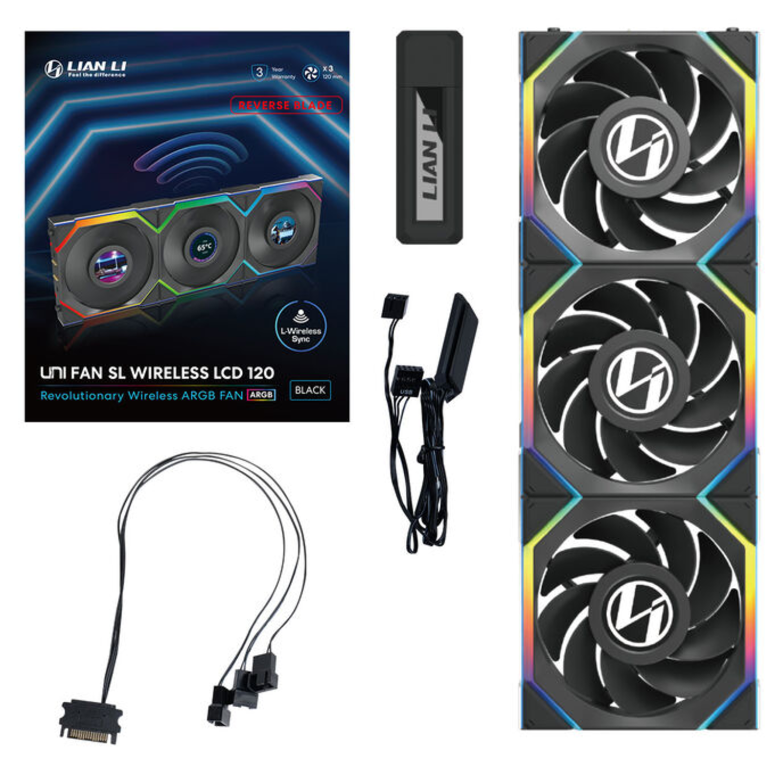 Lian Li UNI FAN SL Wireless LCD 120 ARGB Reverse Blade 3-pack Housing Fan