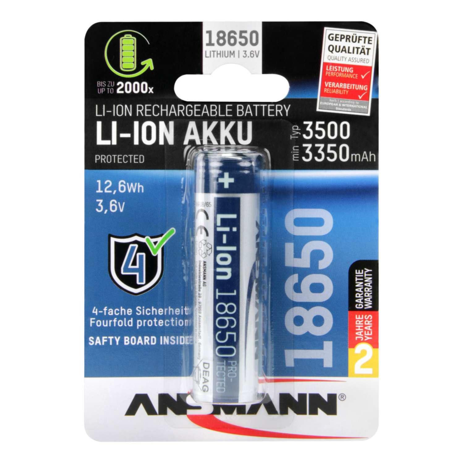 Ansmann Li-Ion 18650 3500mAh 3.6V Battery 12.6Wh 1307-0001