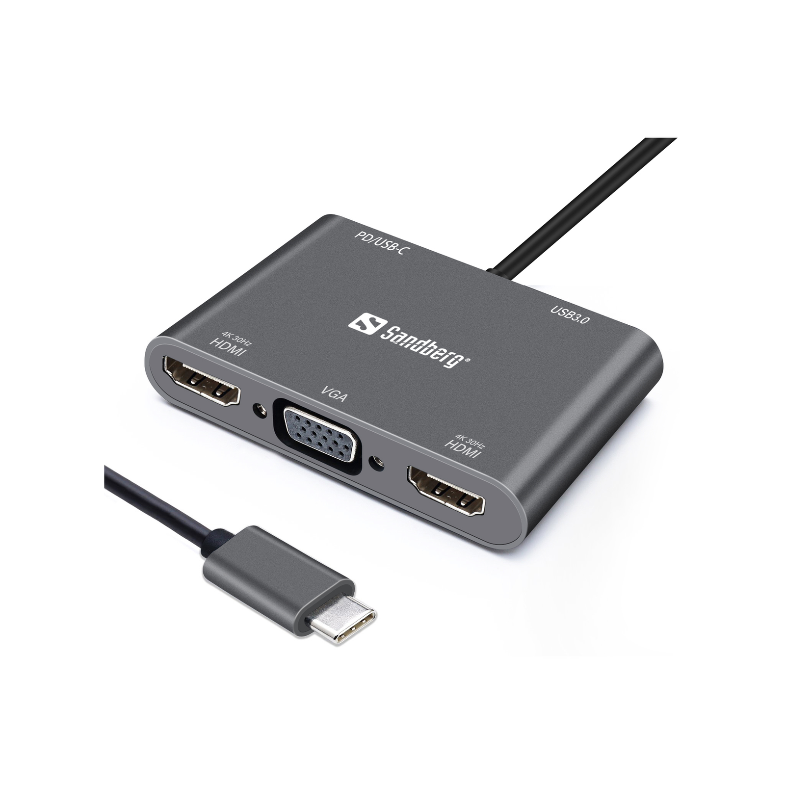 Sandberg USB-C Dock 2xHDMI+1xVGA+USB+PD Wired USB 3.2 Gen 1 (3.1 Gen 1) Type-C Grey 4K Ultra HD