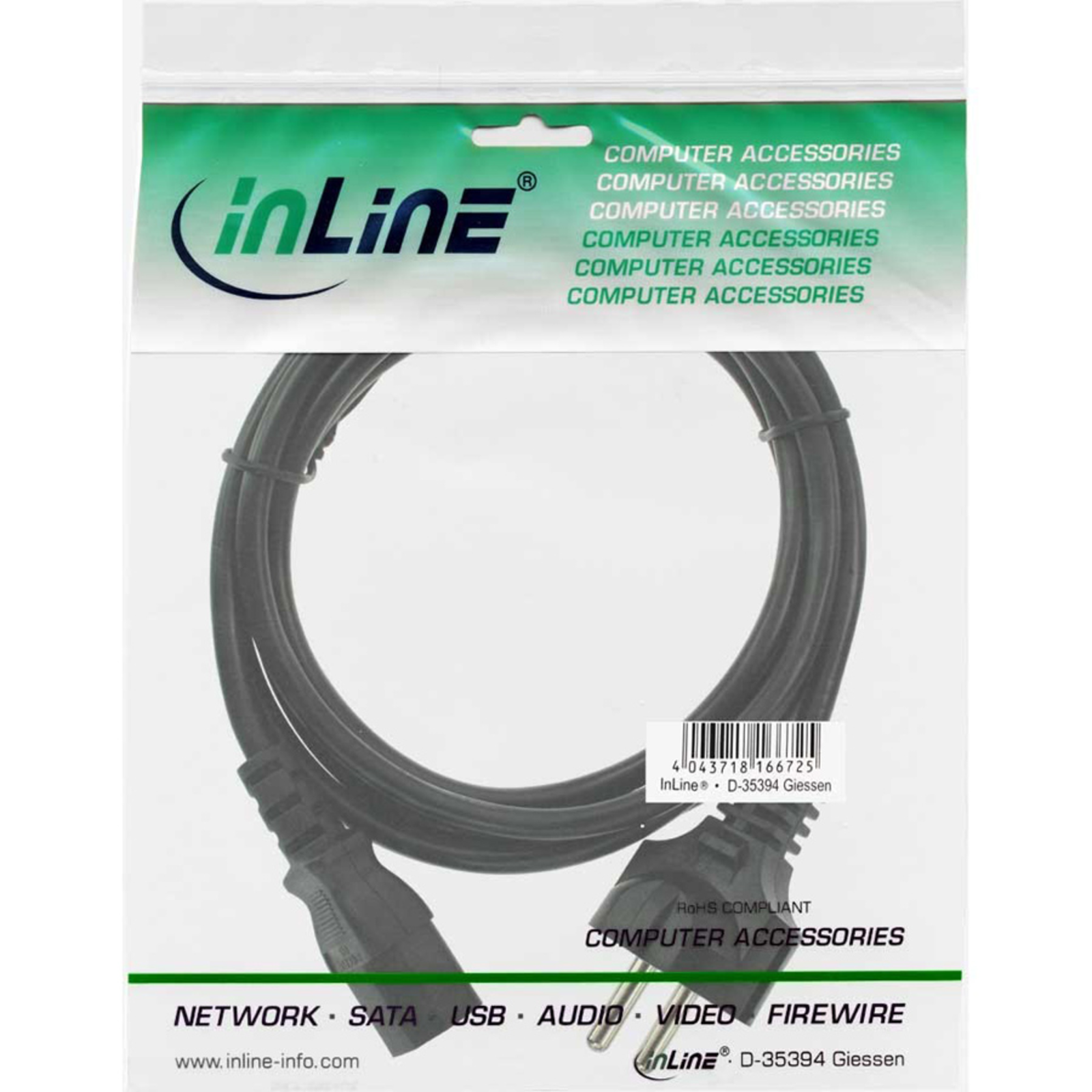 InLine Mains Cable Straight Earthing Contact to C13 Appliance Inlet 1m Black