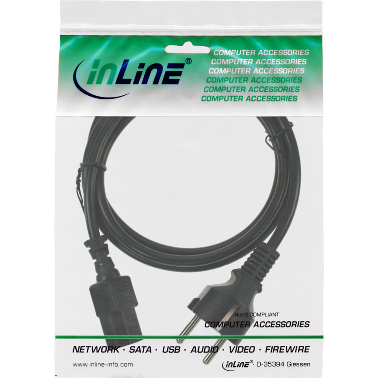 InLine Mains Cable Straight Earthing Contact to C13 Appliance Inlet 0.5m Black