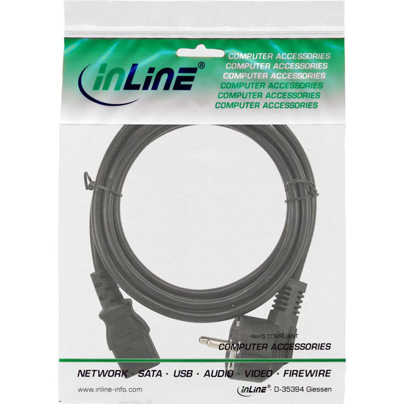 InLine Mains Cable Angled Earthing Contact Cold Appliance Plug C13 0.5m