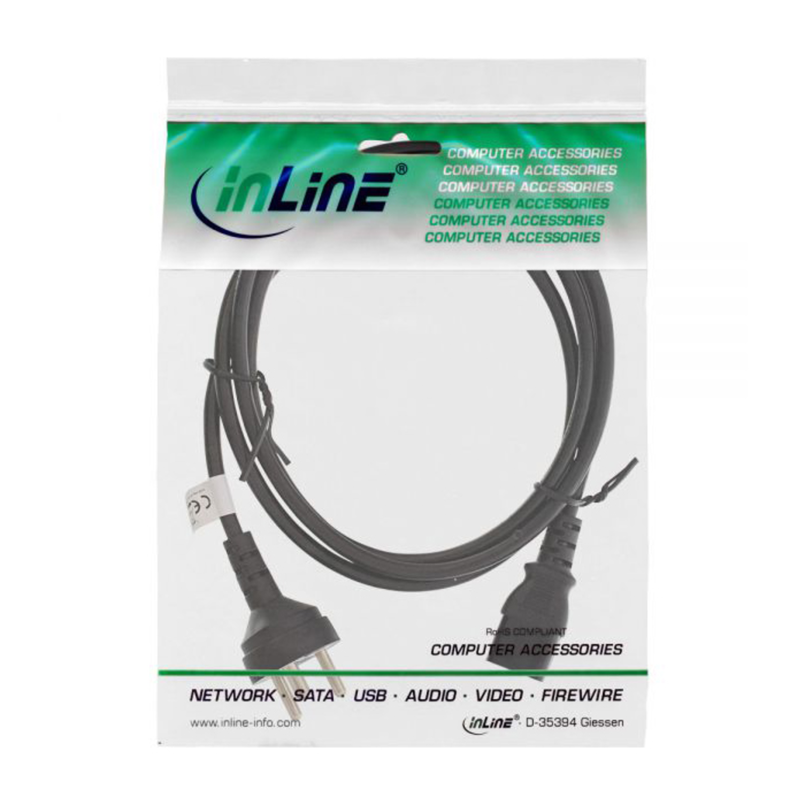InLine Mains Cable Danish Mains Plug to C13 Mains Plug 1.8m