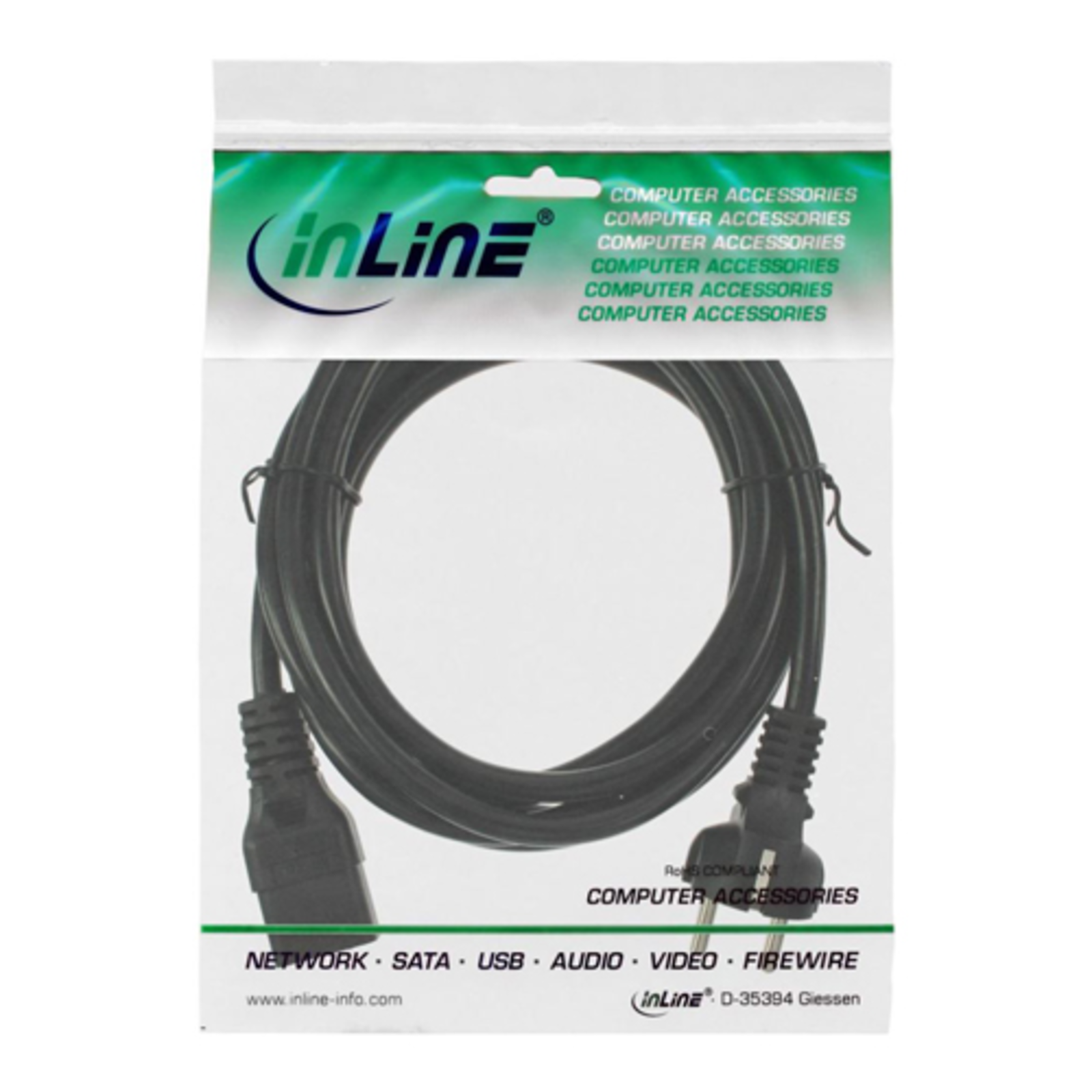 InLine Mains Cable 16A Earthing Contact Straight IEC320-C19 Appliance Inlet 1m