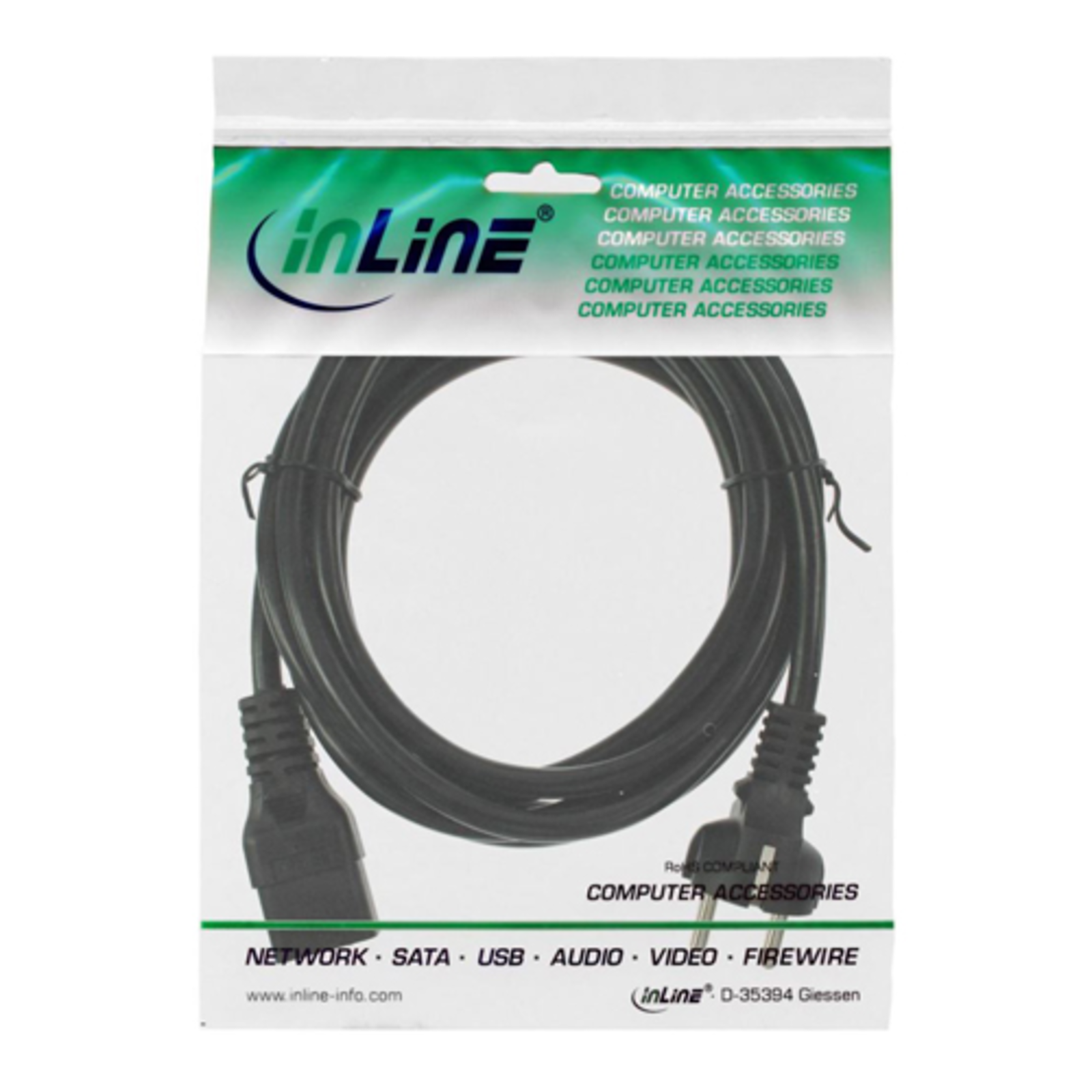 InLine Mains Cable 16A Earthing Contact Straight IEC320-C19 Appliance Inlet 0.5m