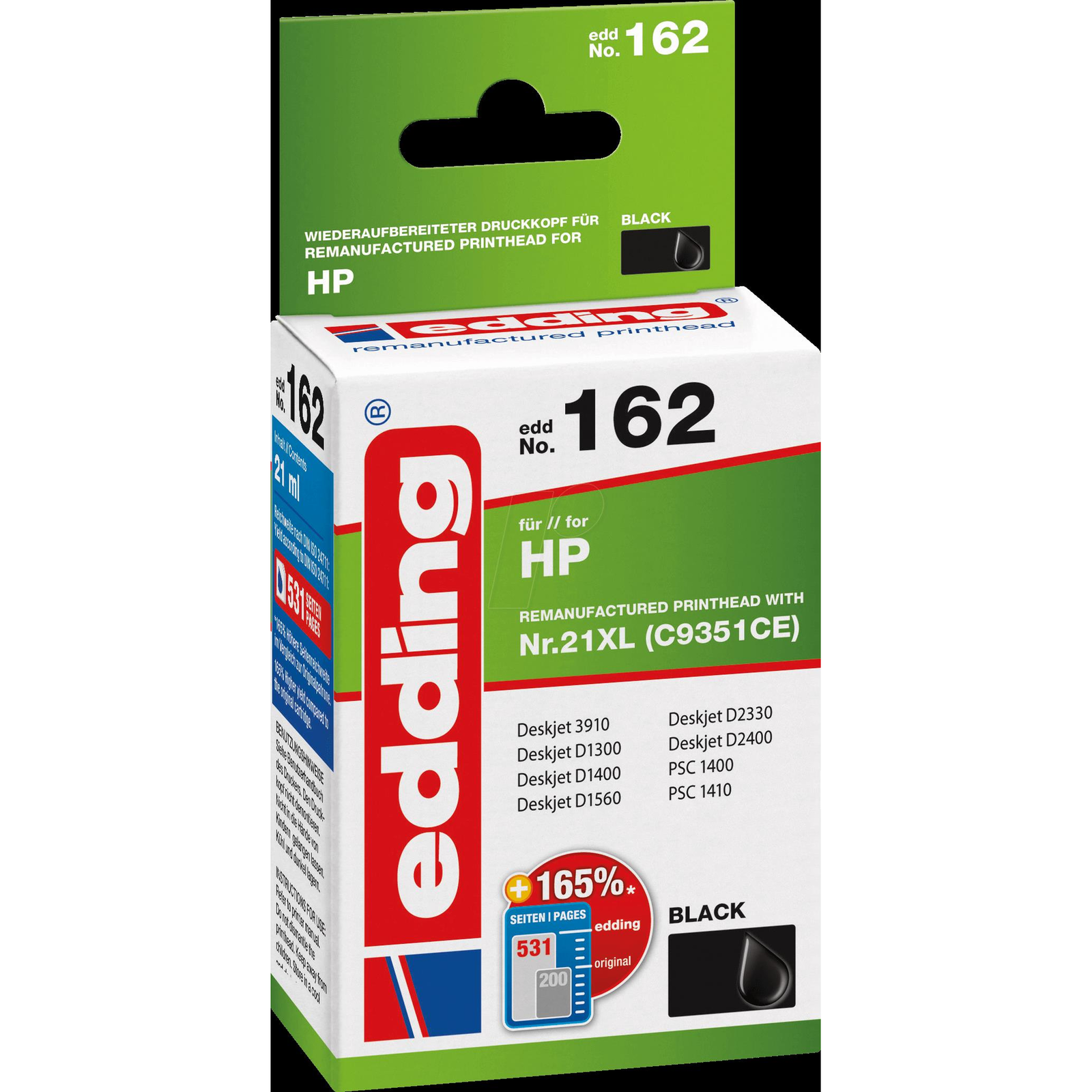 edding Printer Cartridge EDD-162 Black Compatible with HP 21XL C9351AE