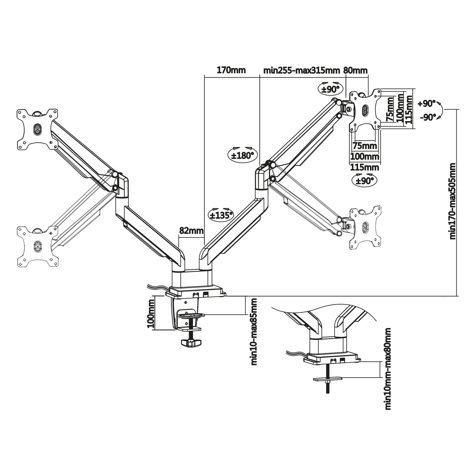 InLine Mounting Kit Table Mount Adjustable Double Arm 2 LCD Displayslifter And USB 3.0 Max. 9 Kg