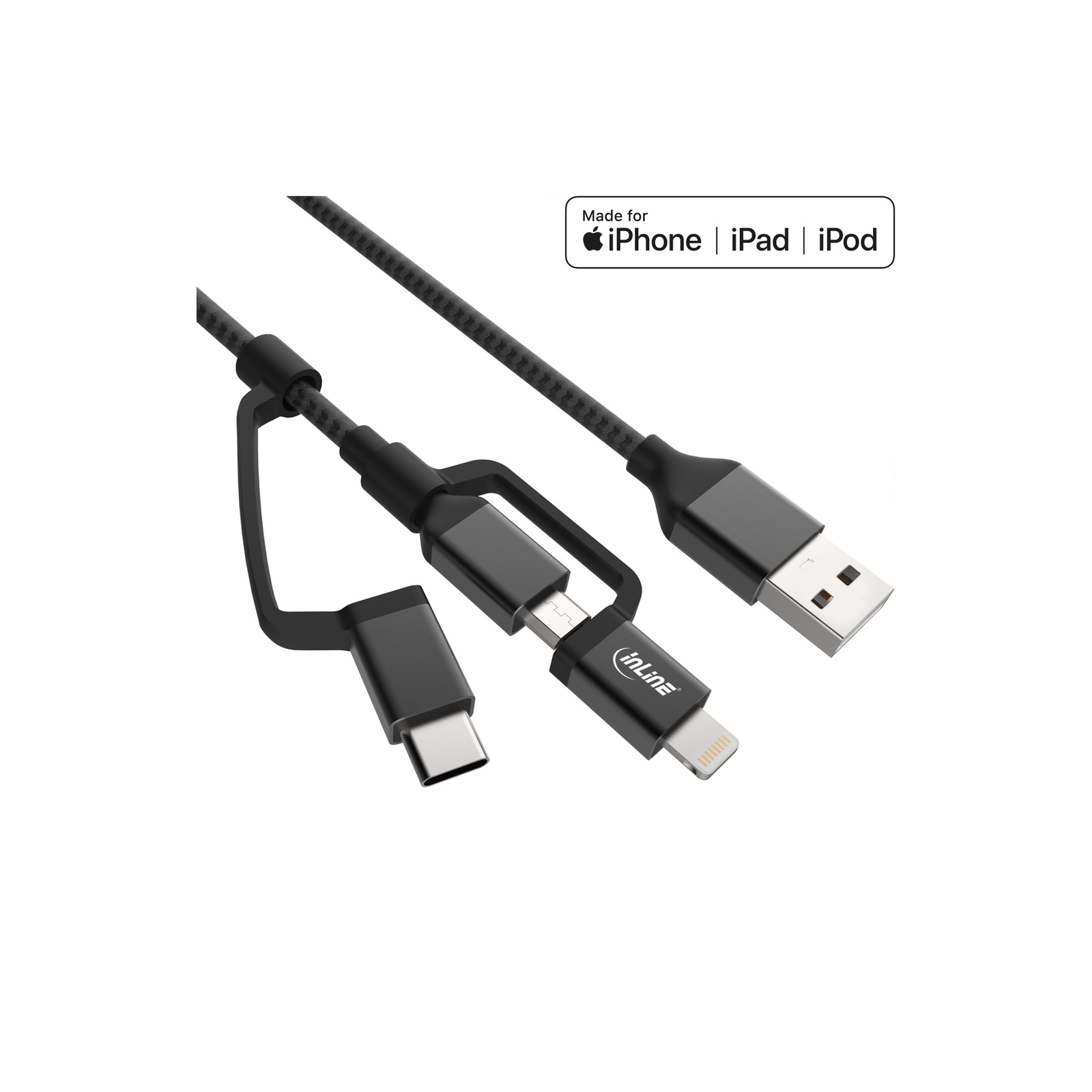 InLine 3-in1 USB Cable Micro-USB-Lightning-USB-C Black-aluminium 1.5m MFi
