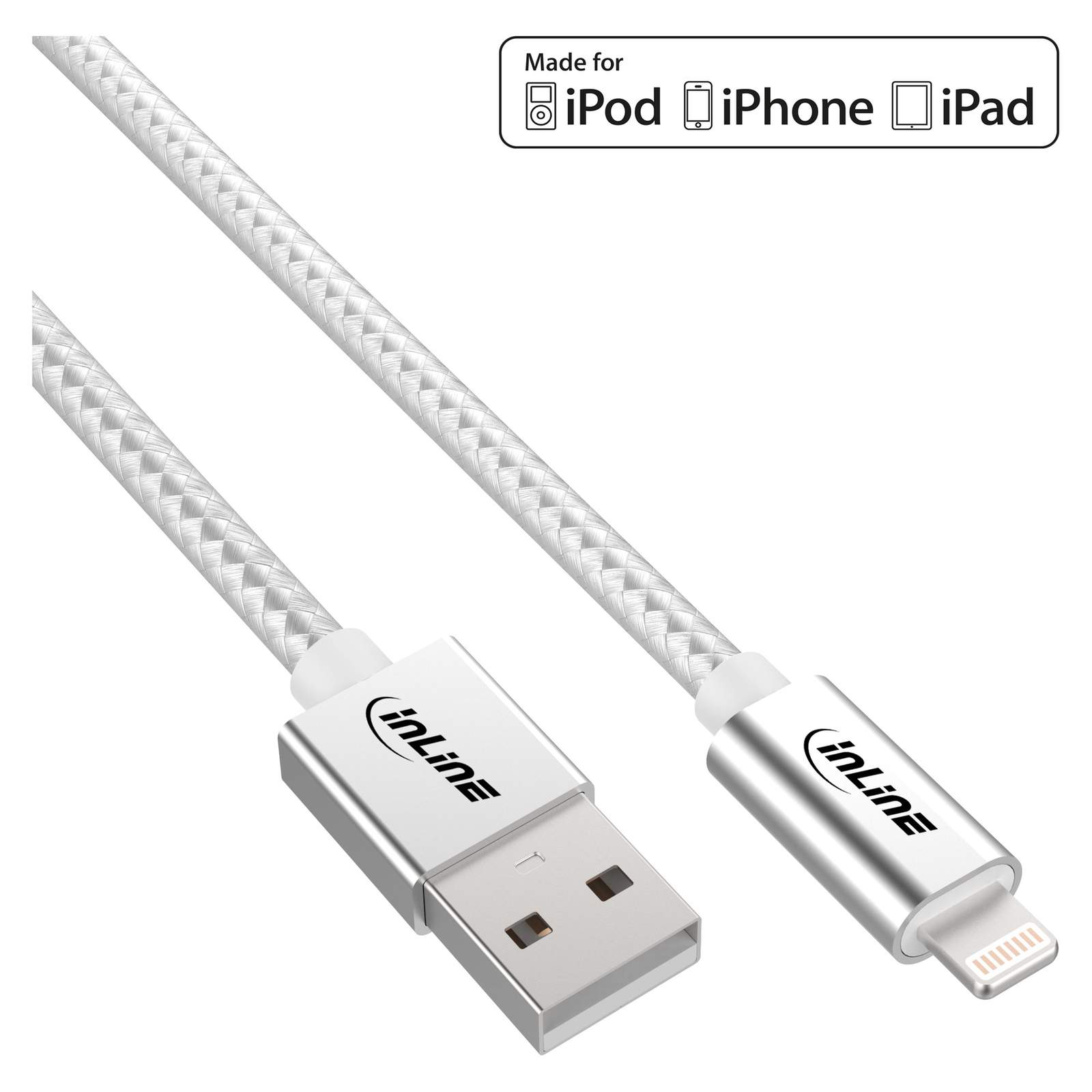 InLine Lightning USB Cable for IPad IPhone IPod Silver-aluminum 2m MFi Certified.