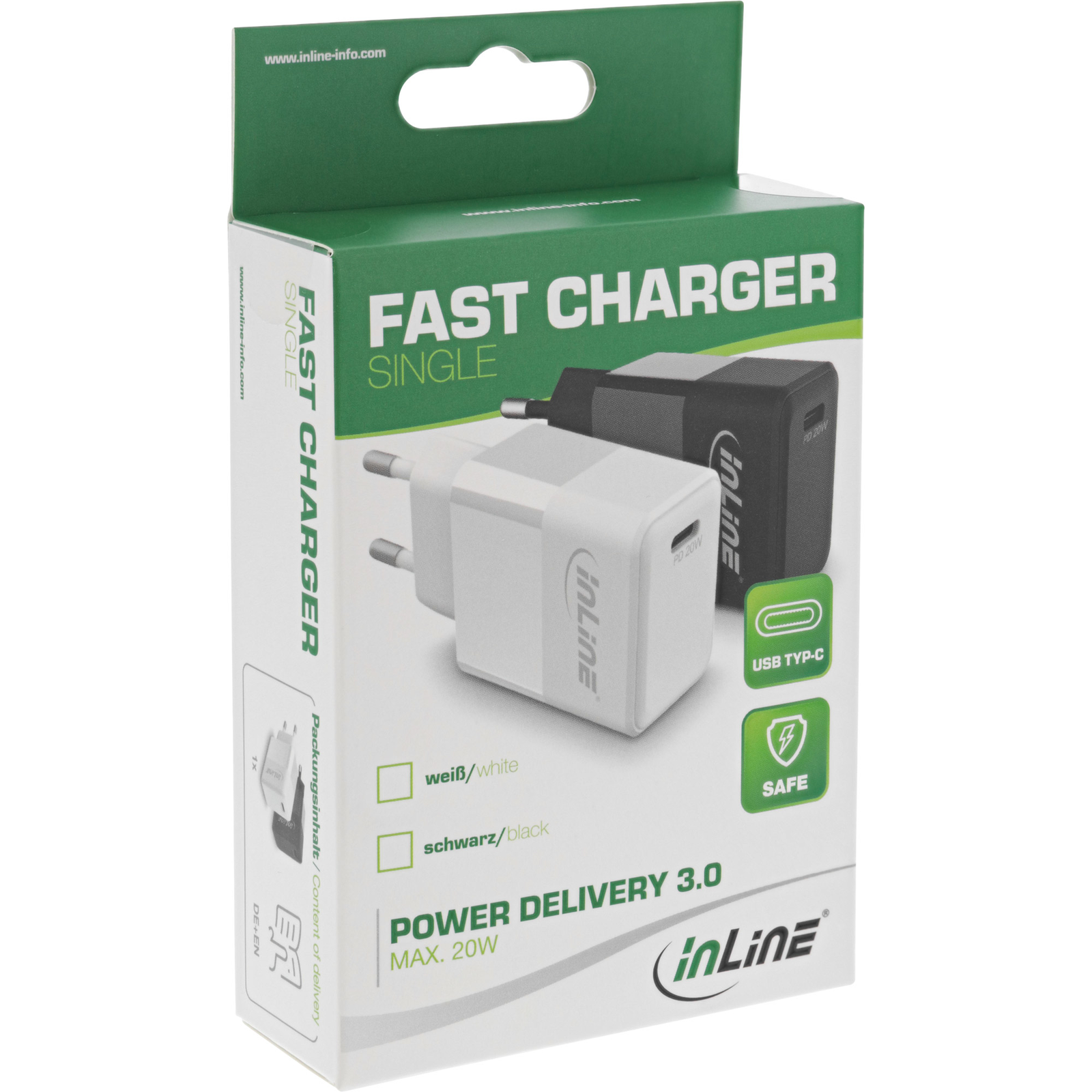 InLine USB PD Power Supply Charger Single USB-C Power Delivery 20W White
