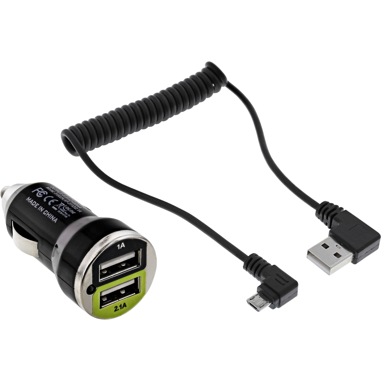 InLine USB DUAL+ Car Charging Set Power Adapter 1m Cable 12-24VDC to 5V DC-2.1A