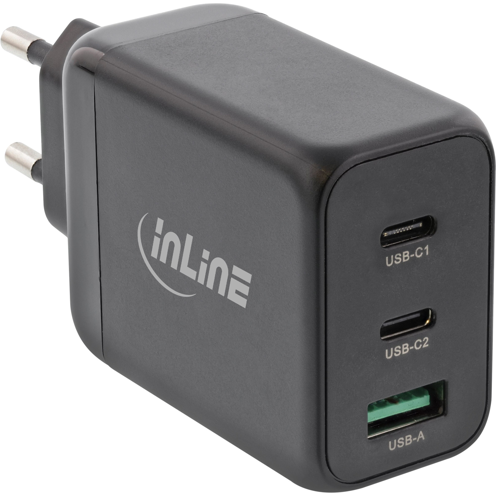 InLine USB PD Power Supply GaN Charger 3-port Dual USB-C + USB-A 65W Black