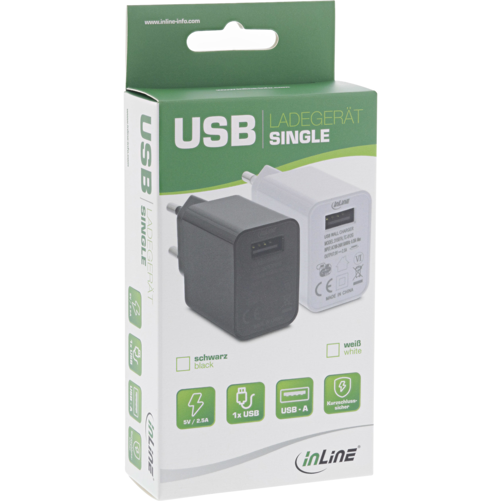 InLine USB Charger Single Power Supply Unit 100-240V to 5V-2.5A Black