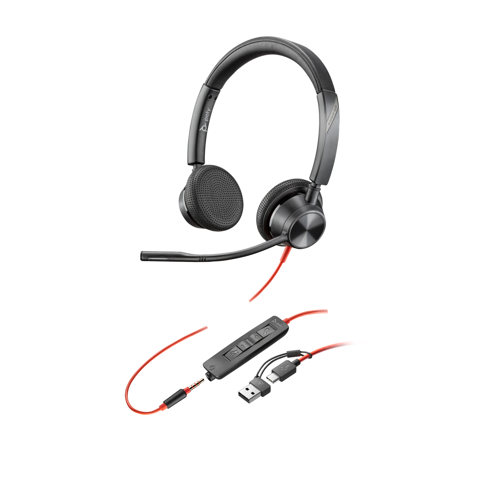 Poly Blackwire 3325 USB-C Stereo Headset + 3.5mm Plug + USB-C-A Adapter Wired