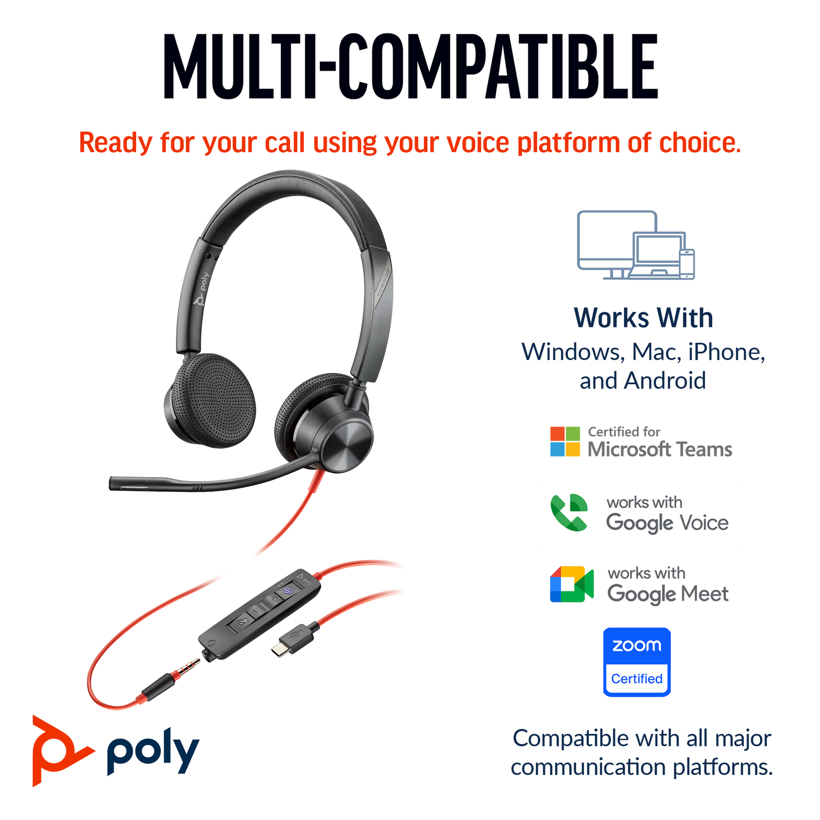 HPI Blackwire 3325 Stereo Teams Certified USB-C Headset +3.5mm Plug +USB-C
