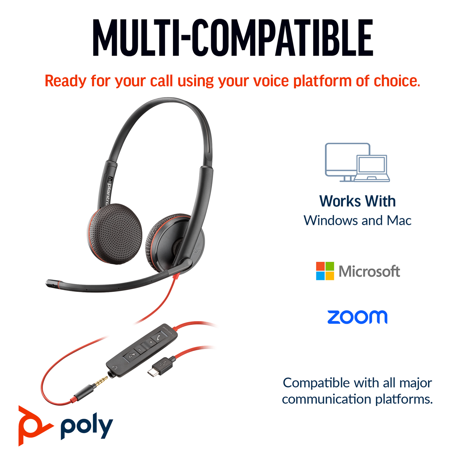 Poly Blackwire 3225 USB-C Stereo Headset + 3.5mm Plug + USB-C-A Adapter Wired