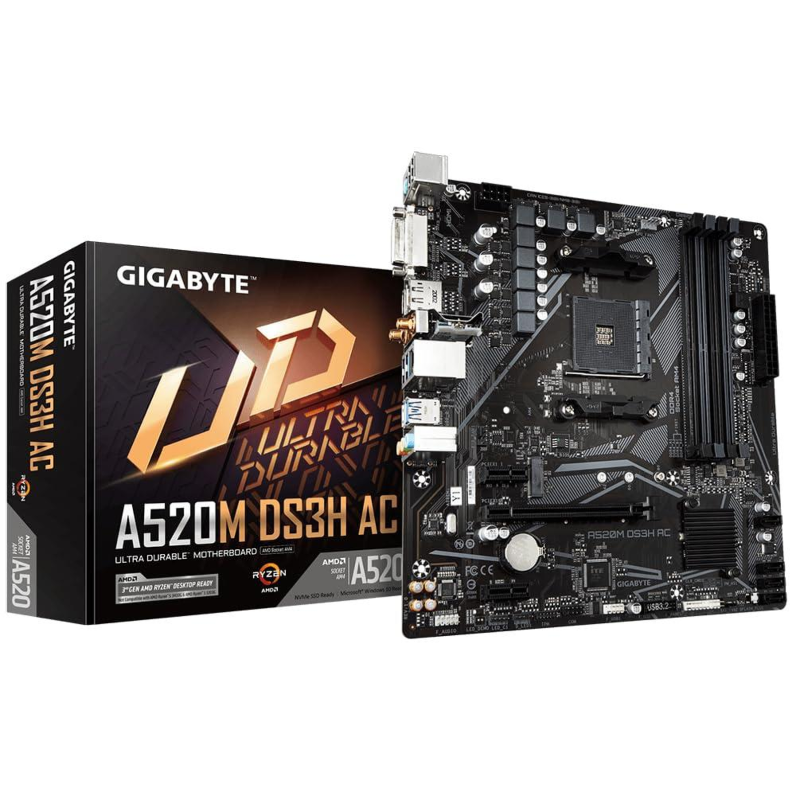 GIGABYTE MB Sc AM4 A520M DS3H AC AMD A520 4xDDR4 1xDP 1xHDMI 1xDVI-D WiFi MATX