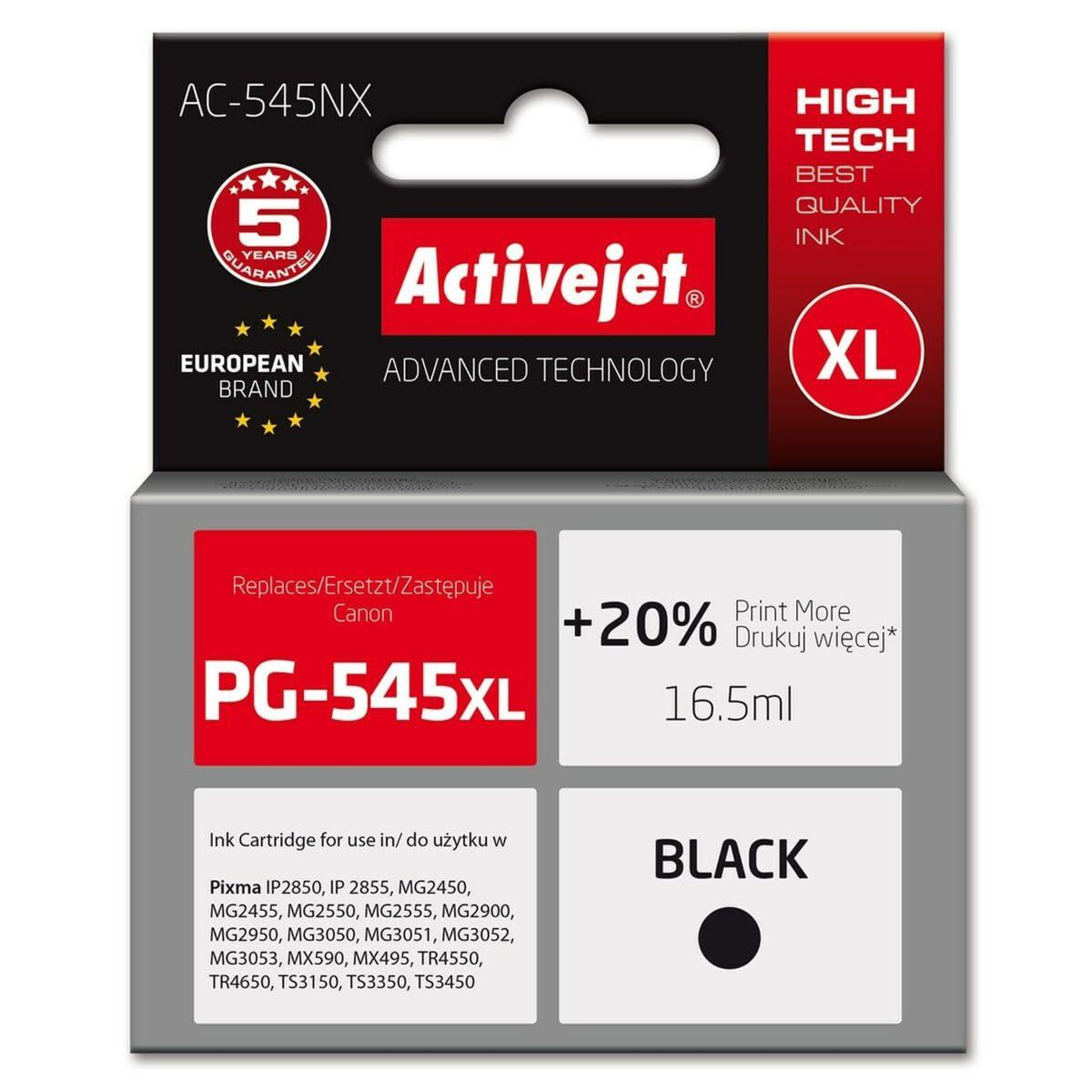 Activejet AC-545NX Printer Ink for Canon Replacement Canon PG-545XL Supreme 16,5ml Black