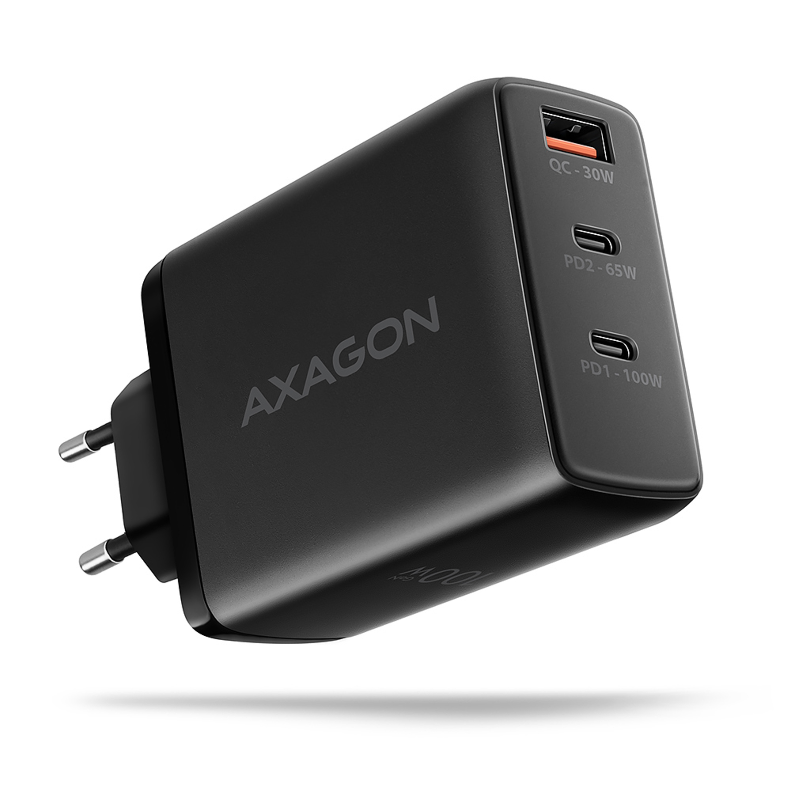 Axagon ACU-DPQ100 GaN Wall Charger 3x Port (USB + Dual USB-C) PD3.0/QC4+/PPS/Apple 100W Black