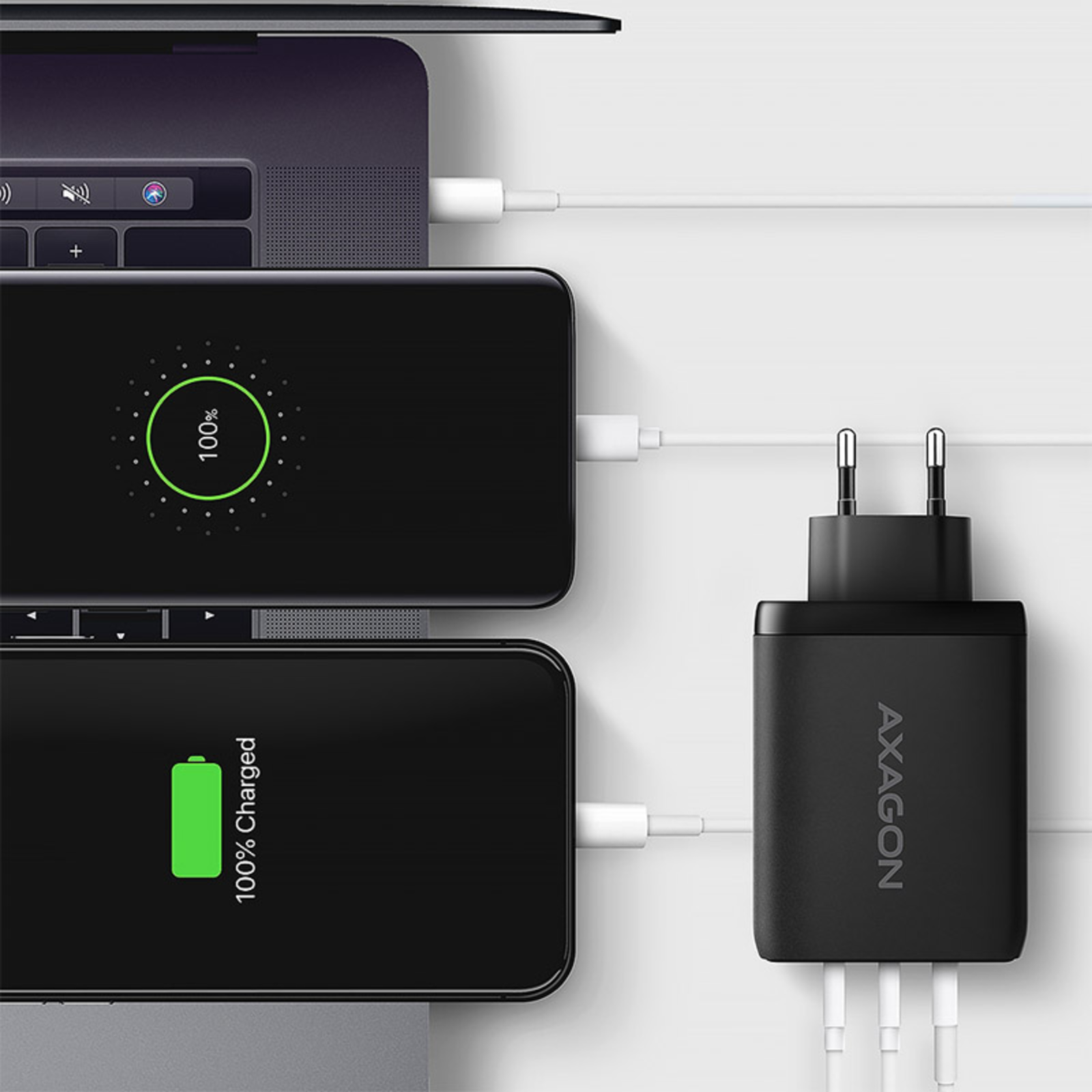 Axagon ACU-DPQ100 GaN Wall Charger 3x Port (USB + Dual USB-C) PD3.0/QC4+/PPS/Apple 100W Black