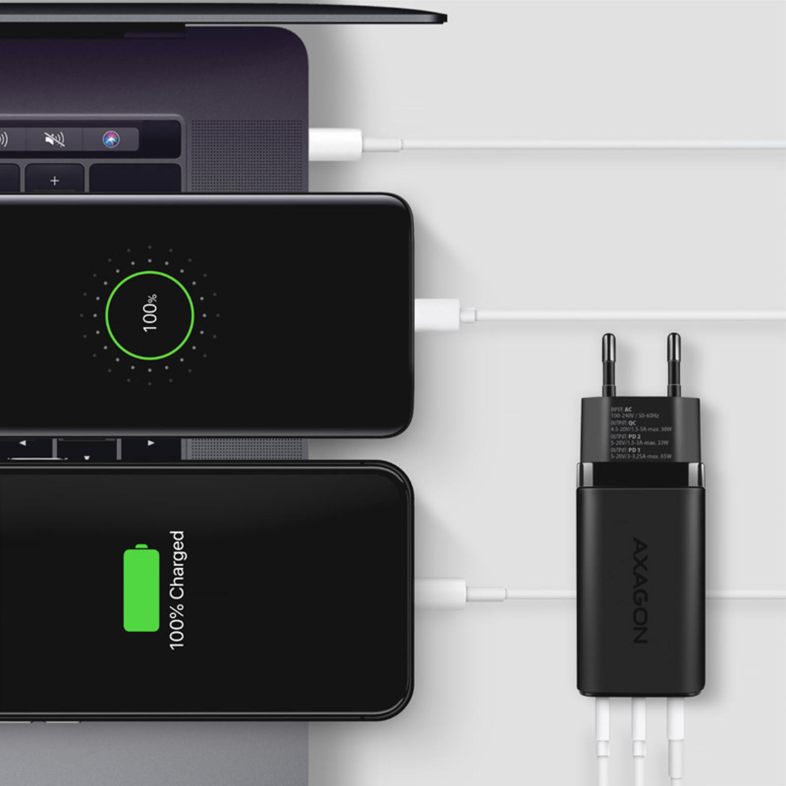 Axagon ACU-DPQ65 Charger 2x USB-C 1x USB-A PD3.0/QC4+/PPS 65W Black
