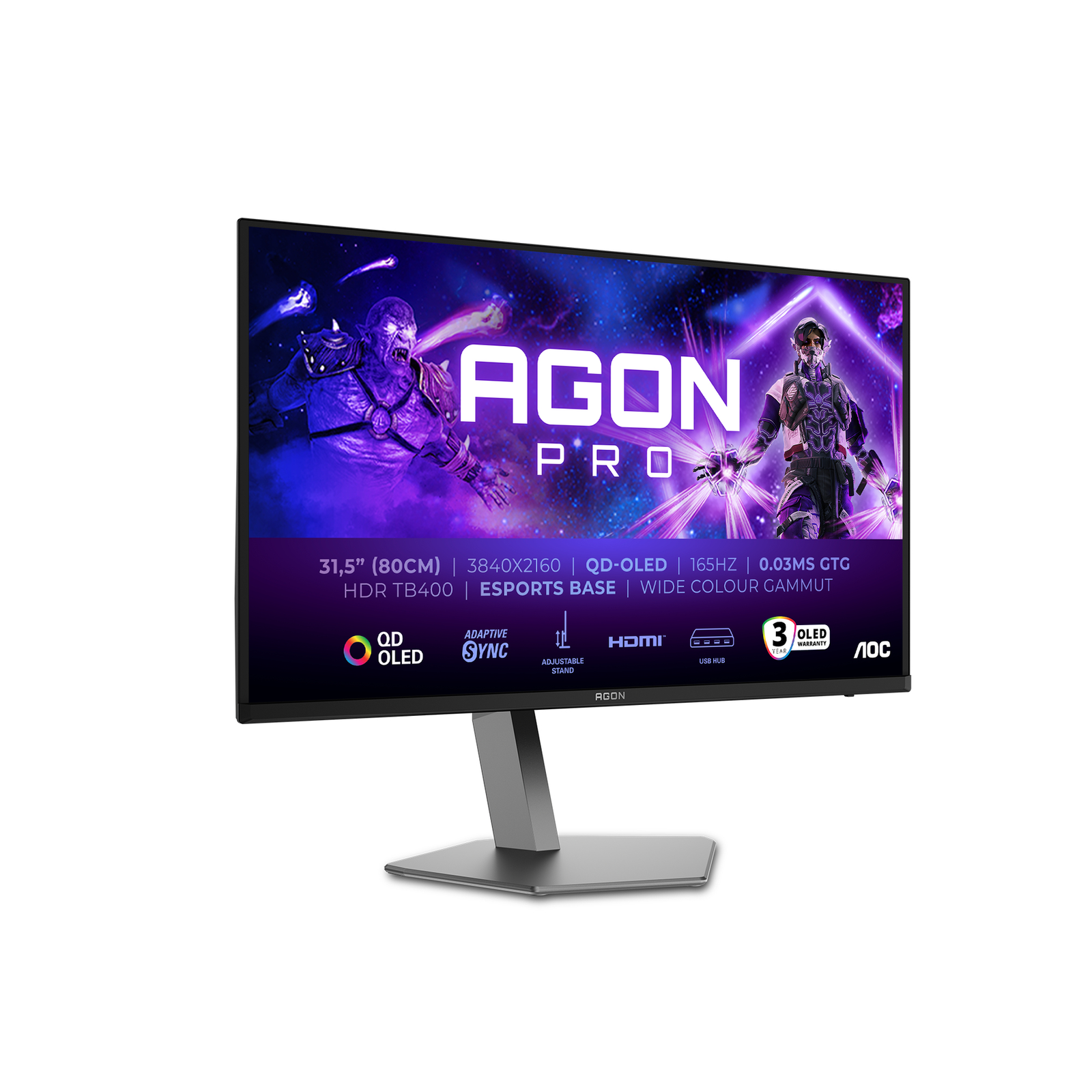 AOC 31.5-inch 3840x2160 QD OLED 130mm AGON PRO UHD 4K 165Hz HDRTB400 HDMI2.1 3xUSB 3.2