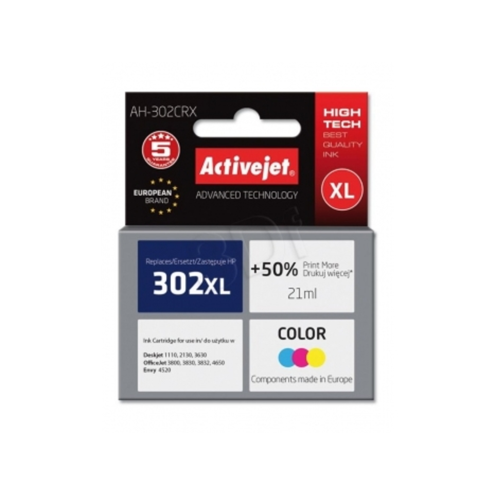 Activejet AH-302CRX Ink Replacement HP 302XL F6U67AE Premium 21 Ml 500 Pages Colour