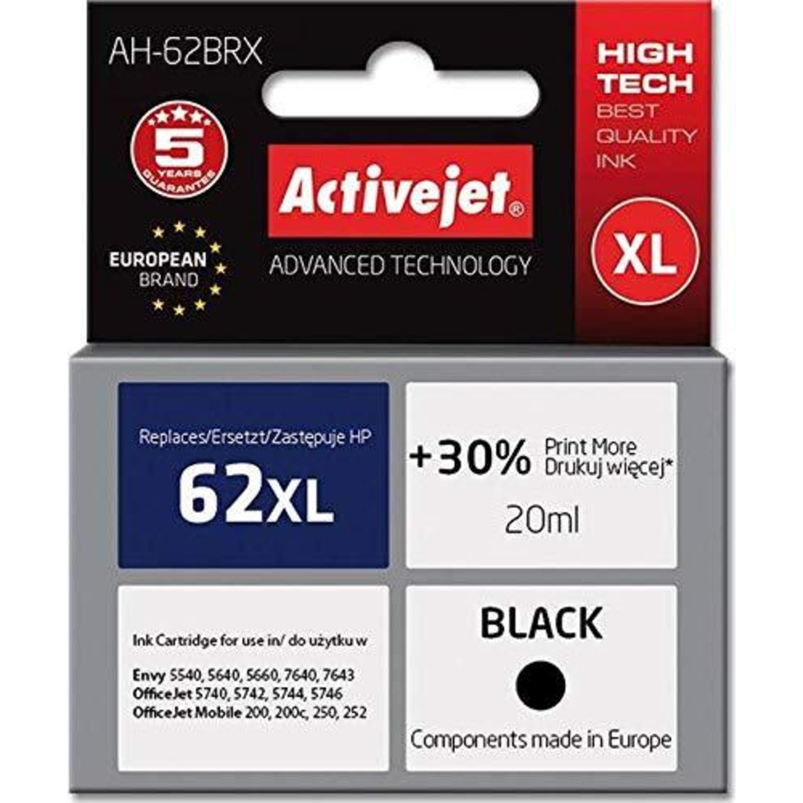Activejet AH-62BRX Ink Replacement HP 62XL C2P05AE Premium 20 Ml Black