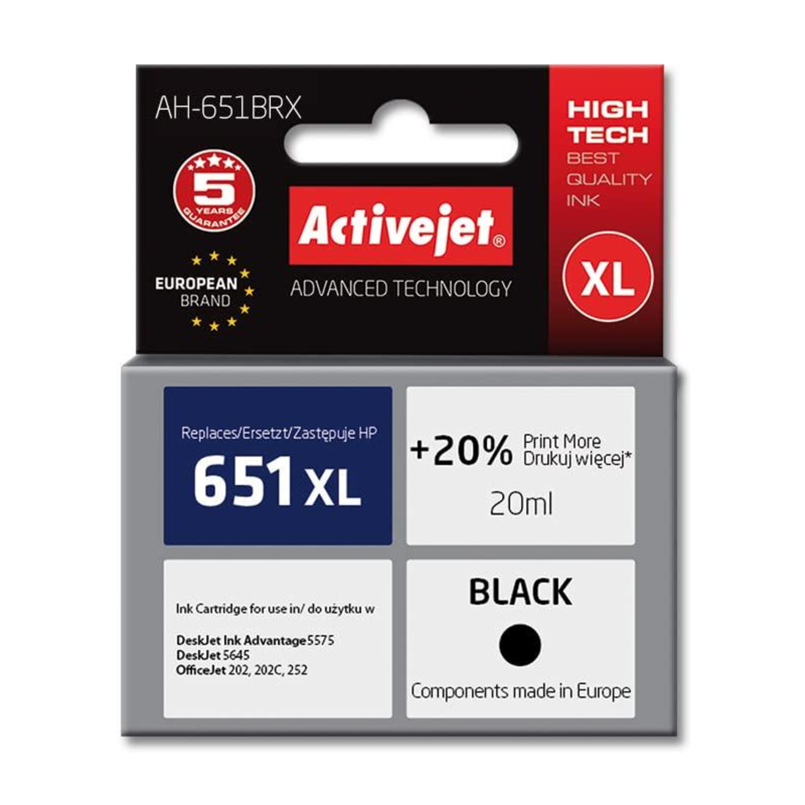 Activejet AH-651BRX Ink Replacement HP 651 C2P10AE Premium 20 Ml Black