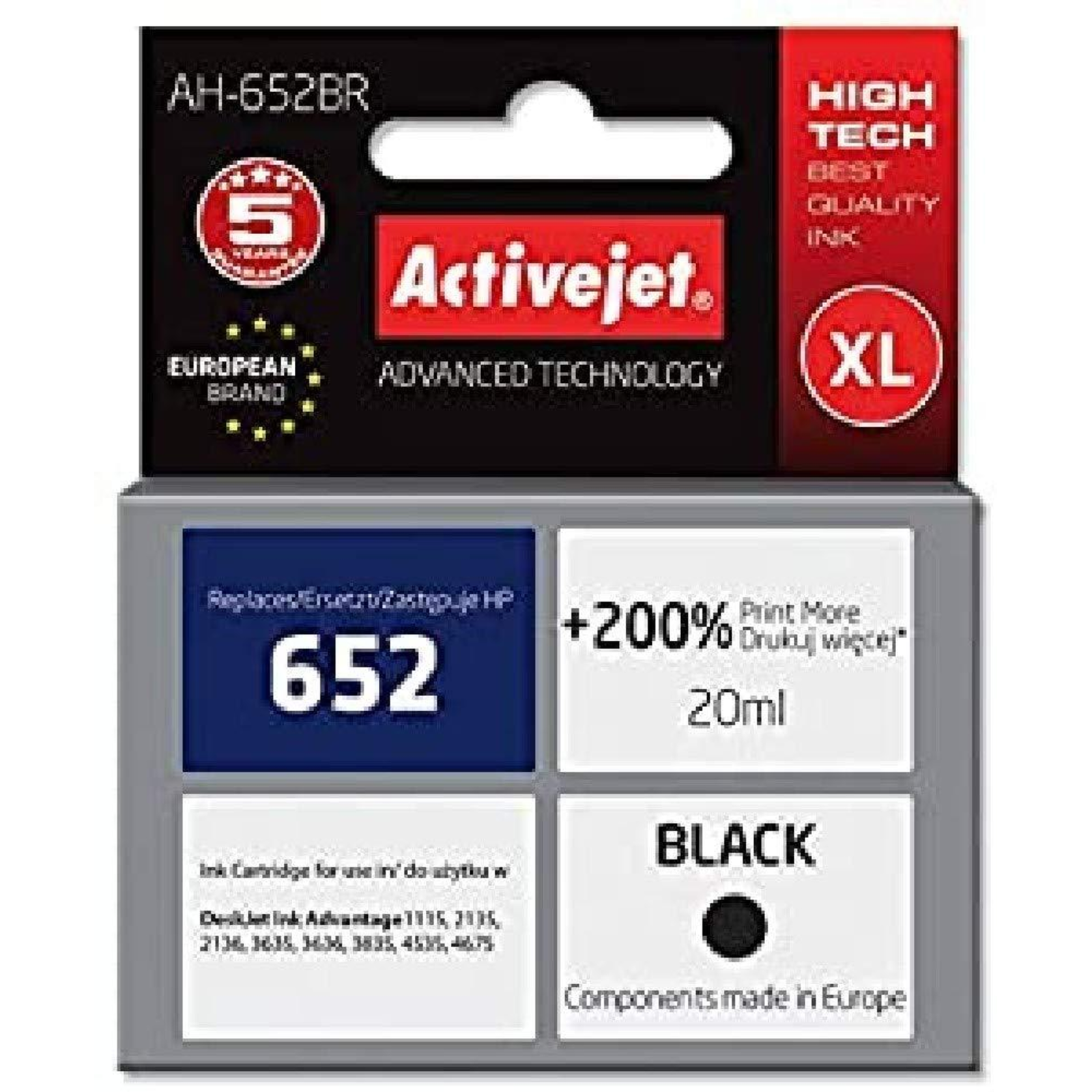 Activejet AH-652BR Ink Replacement HP 652 F6V25AE Premium 20 Ml Black