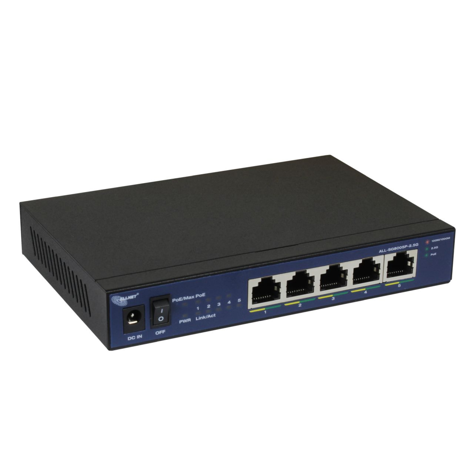 ALLNET Switch 5 Port 5x 2.5GbE PoE Budget 55W at Fanless ALL-SG8005P-2 Switch 1 Gbps