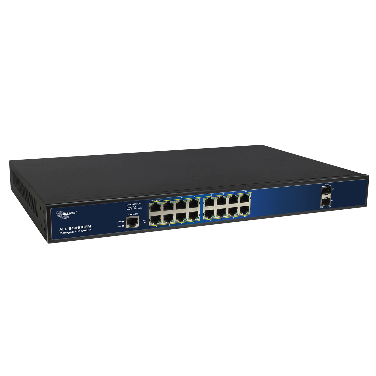 ALLNET Switch Fully Managed Layer2+ 18 Ports 16x GbE PoE Budget 280W at 2x Switch 1 Gbps