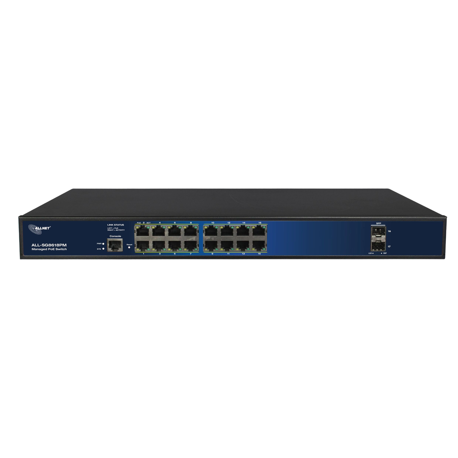 ALLNET Switch Fully Managed Layer2+ 18 Ports 16x GbE PoE Budget 280W at 2x Switch 1 Gbps