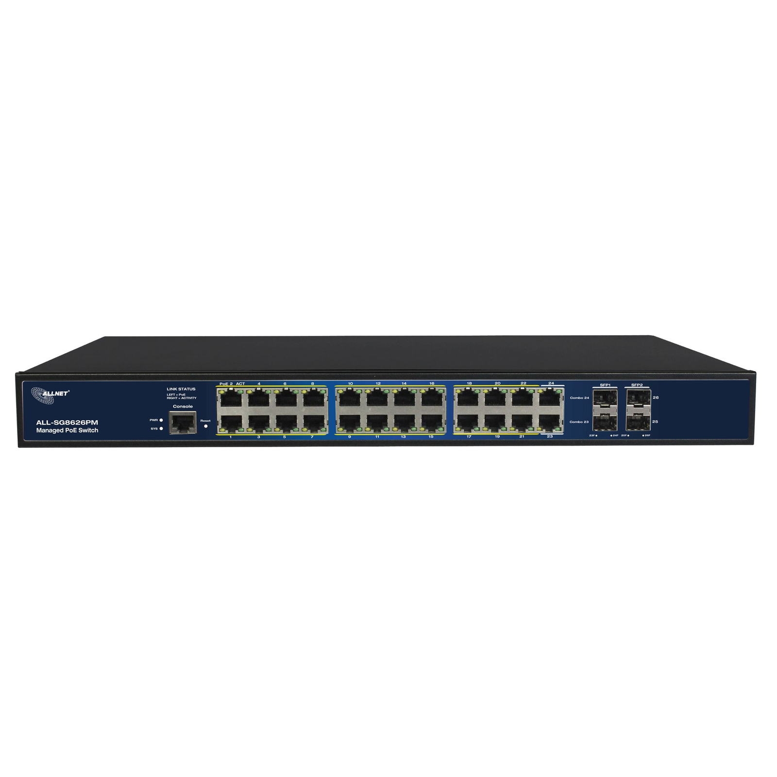 ALLNET Switch Full Managed 24 Port Gigabit 390W 24x PoE+ 4x SFP Fanless 19