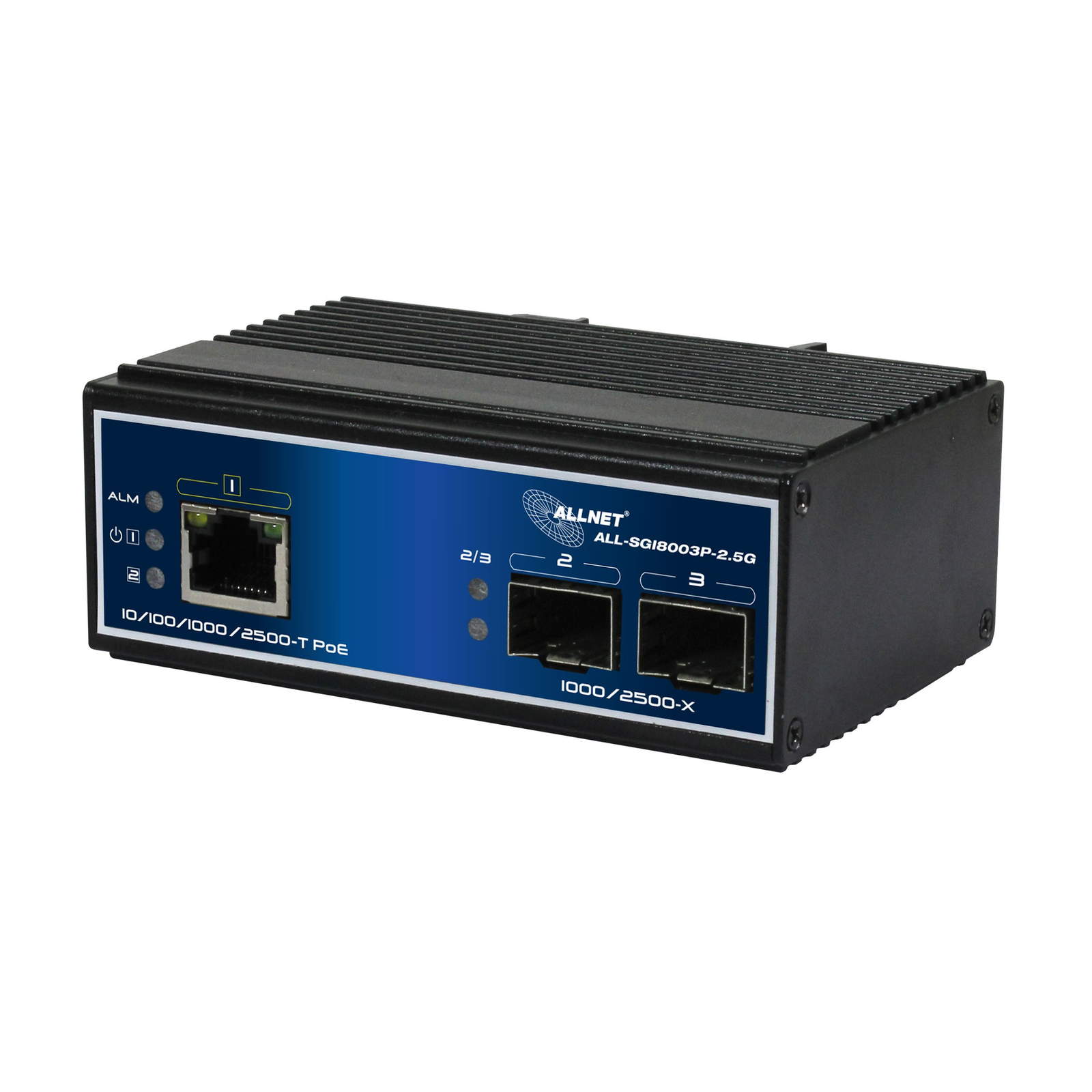 ALLNET Switch Unmanaged Industrial 3 Port 2.5Gigabit 90W 1x PoE BT 2x SFP 1G-2.5G Switch Fibre Optic