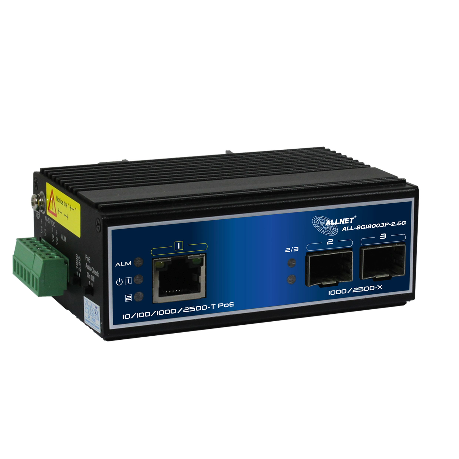 ALLNET Switch Unmanaged Industrial 3 Port 2.5Gigabit 90W 1x PoE BT 2x SFP 1G-2.5G Switch Fibre Optic