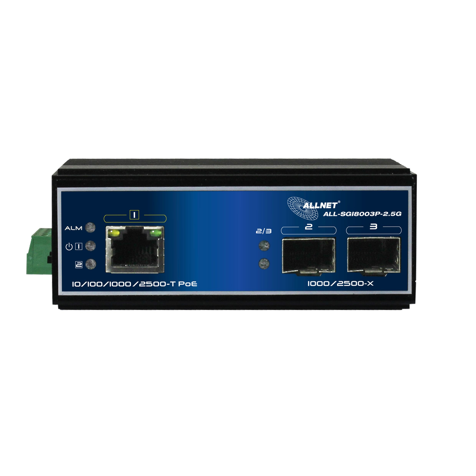 ALLNET Switch Unmanaged Industrial 3 Port 2.5Gigabit 90W 1x PoE BT 2x SFP 1G-2.5G Switch Fibre Optic