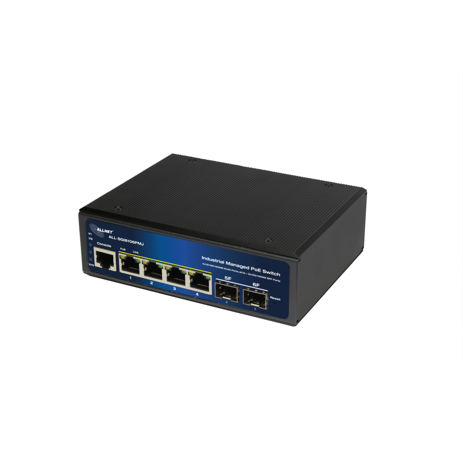 ALLNET Switch Industrial Full Managed Layer2+ 6 Port GbE PoE Budget 360W 4x Bt 2x Switch Glass