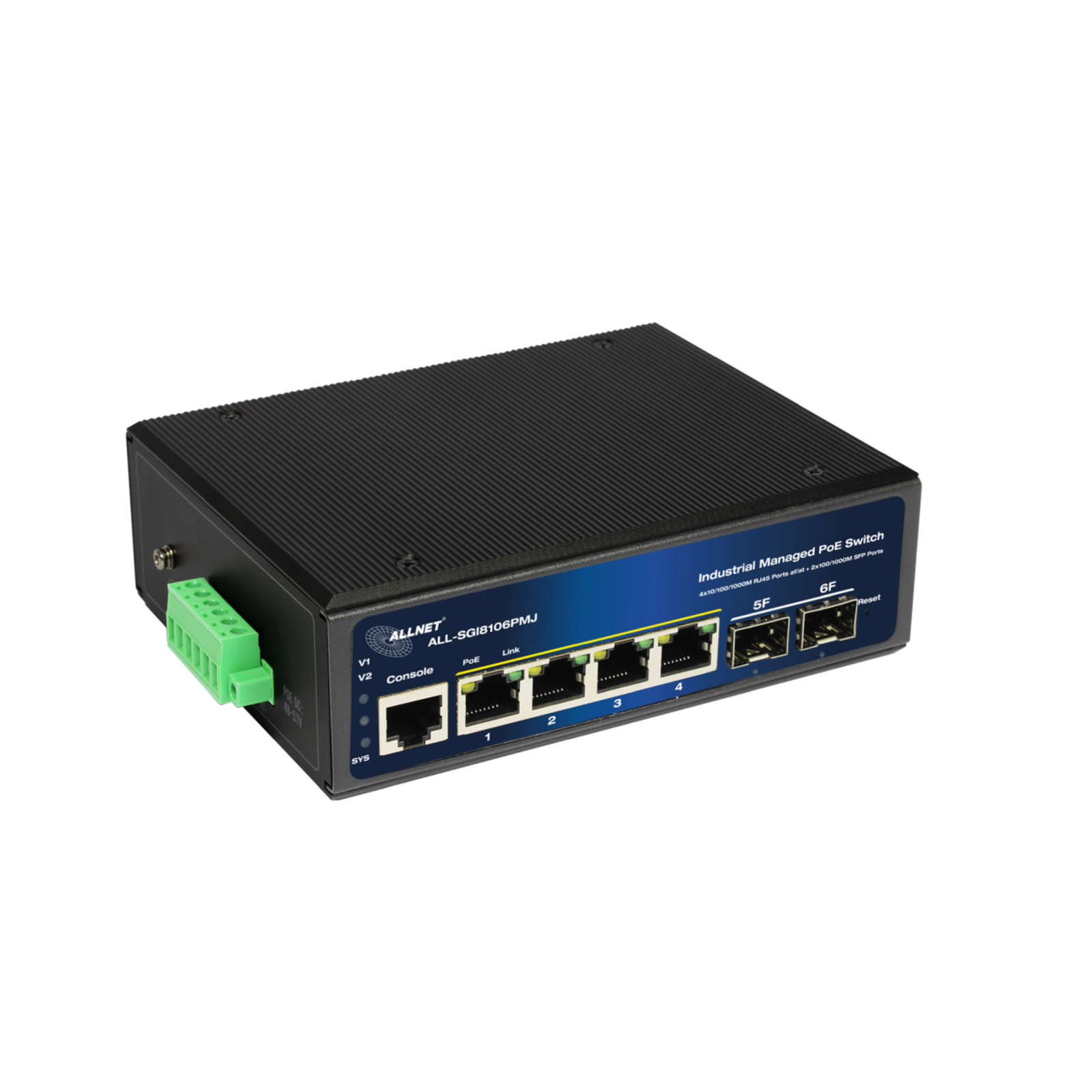 ALLNET Switch Industrial Full Managed Layer2+ 6 Port GbE PoE Budget 360W 4x Bt 2x Switch Glass