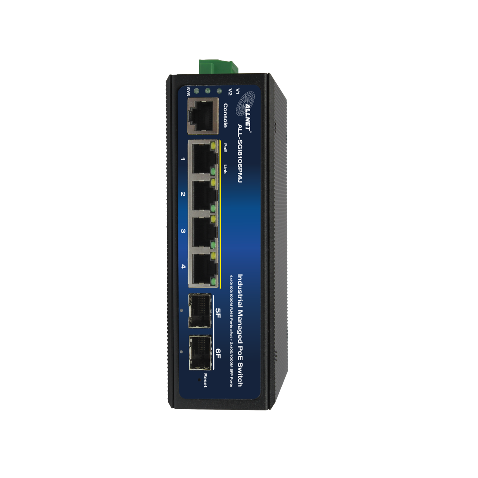 ALLNET Switch Industrial Full Managed Layer2+ 6 Port GbE PoE Budget 360W 4x Bt 2x Switch Glass