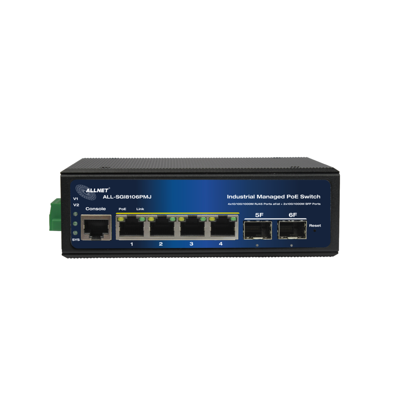 ALLNET Switch Industrial Full Managed Layer2+ 6 Port GbE PoE Budget 360W 4x Bt 2x Switch Glass