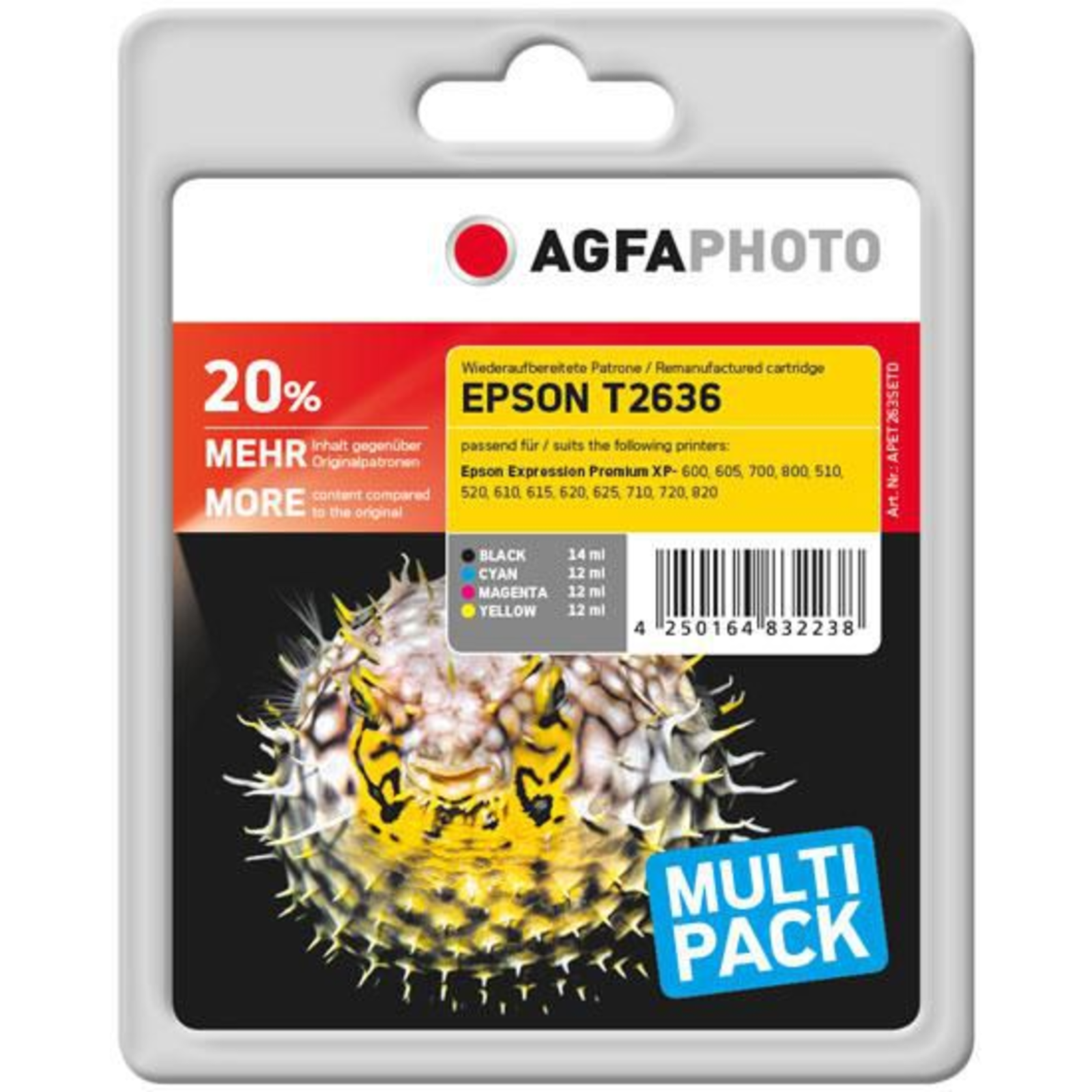 AgfaPhoto APET263SETD AP EPSON T2636 XP Ink (4)cmyk Rebuilt 1x500/3x700pages Blister
