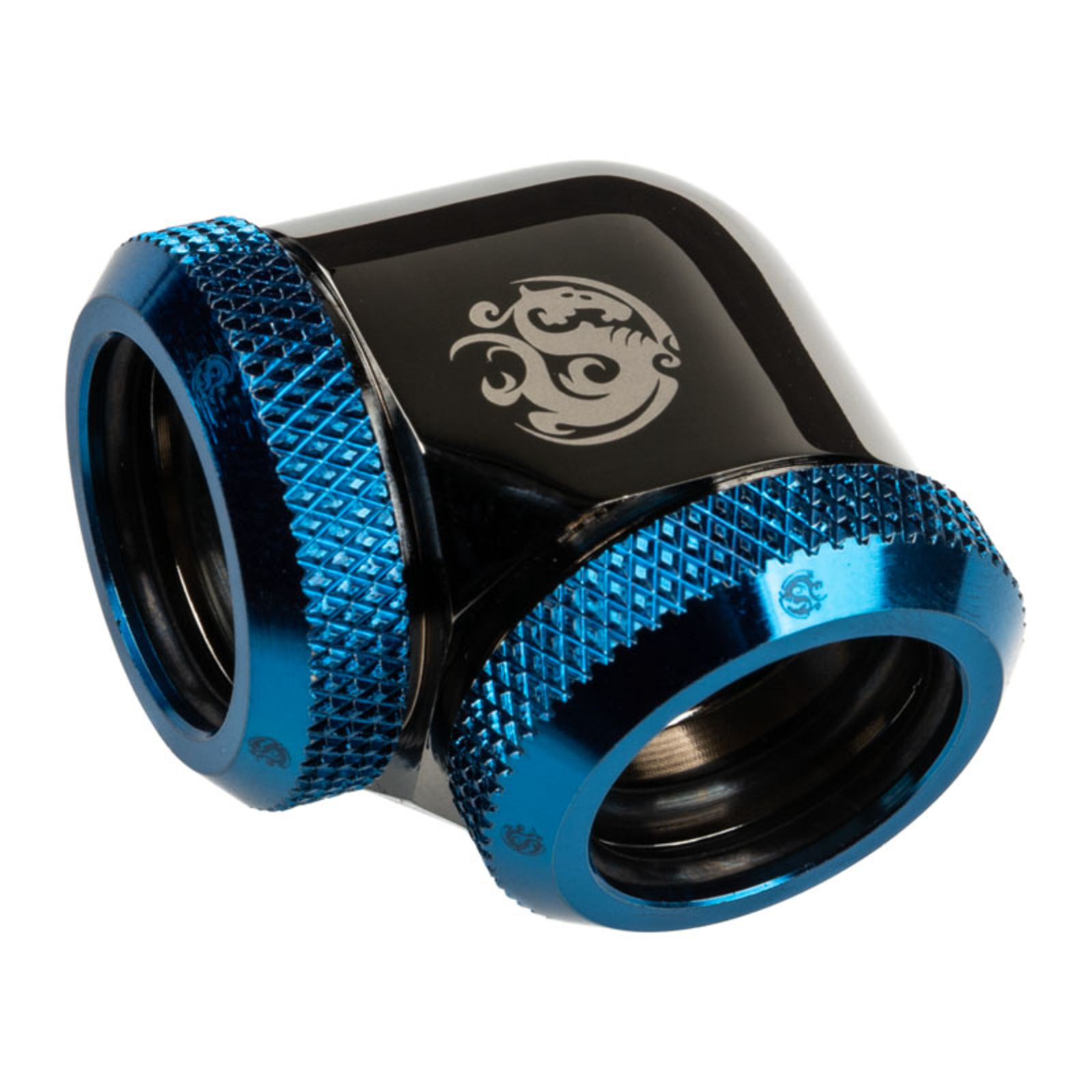 Bitspower Adapter 90 Degrees 16mm OD Hardtube to 16mm OD Hardtube Black Glossy/blue
